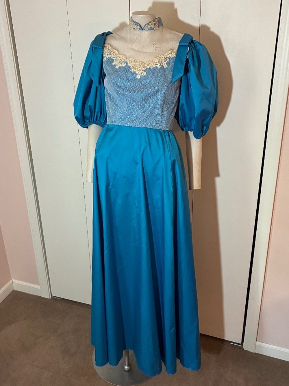 Handmade Vintage 1980s Turquoise Satin formal maxi dress Beige Lace Bodice Small